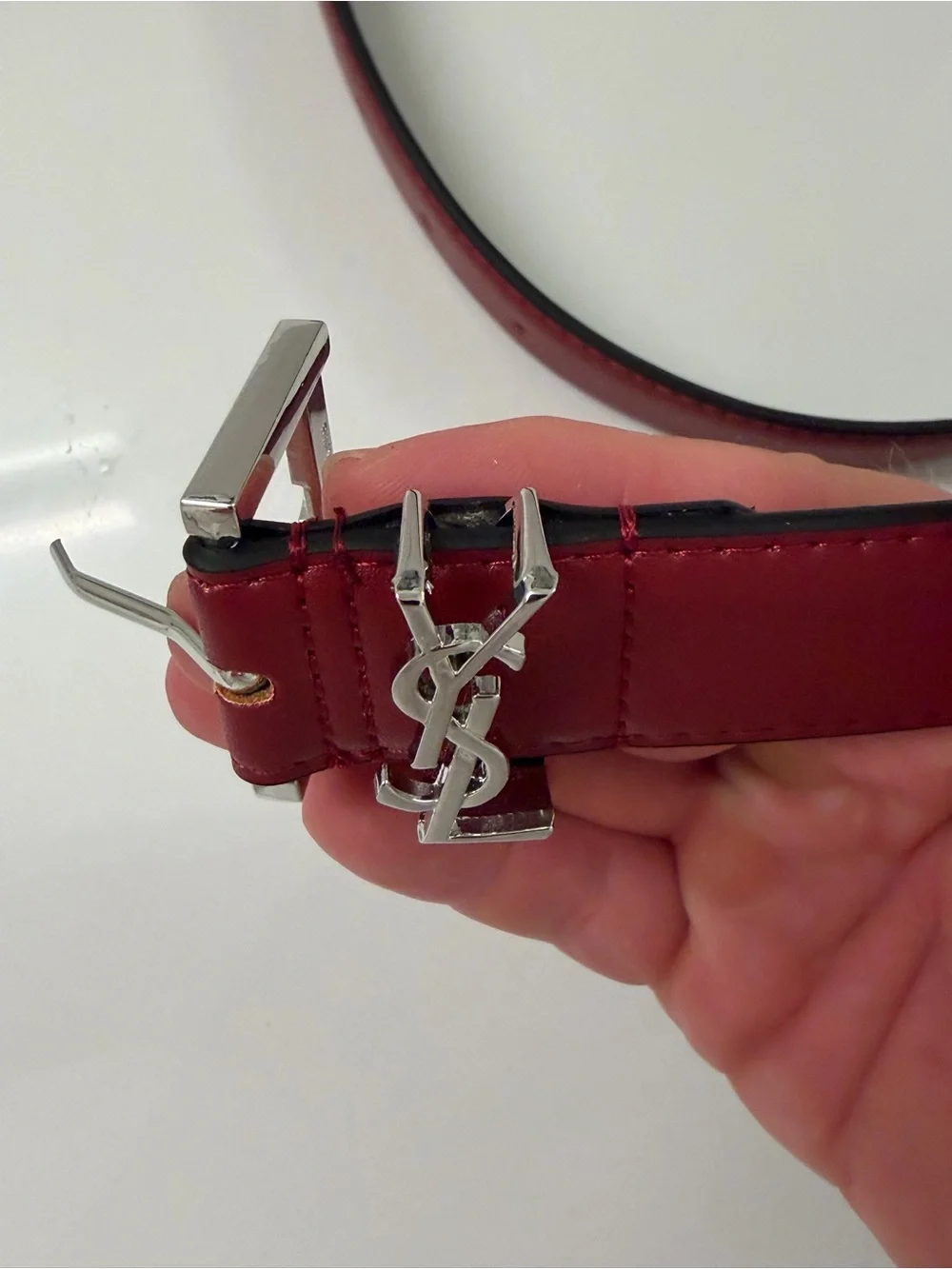 Saint Laurent YSL Burgundy Red Leather Belt Silver